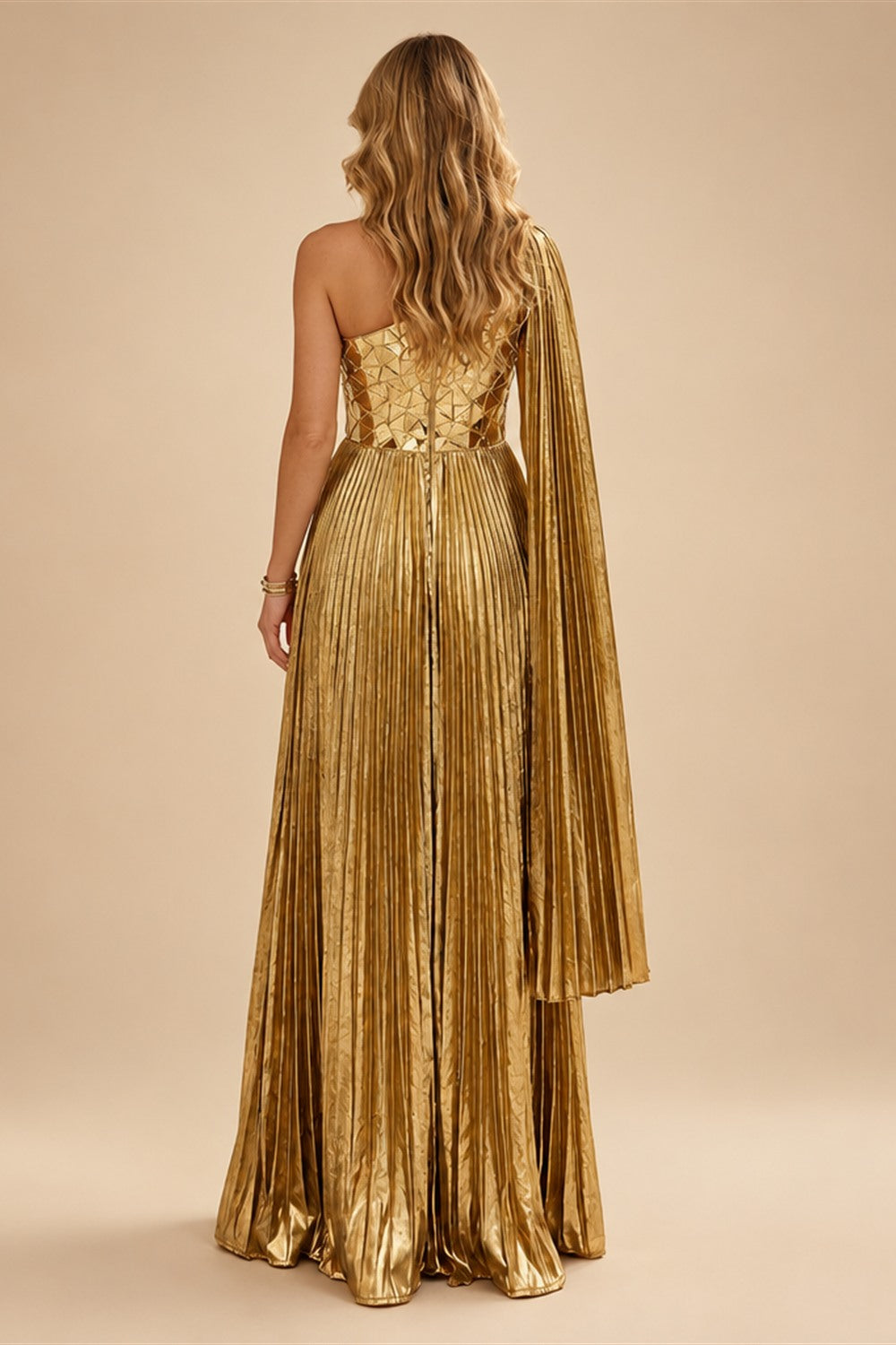 Metallic Satin Pleated One Shoulder Evening Dress Floor-Length Formal Gown | ZapDress