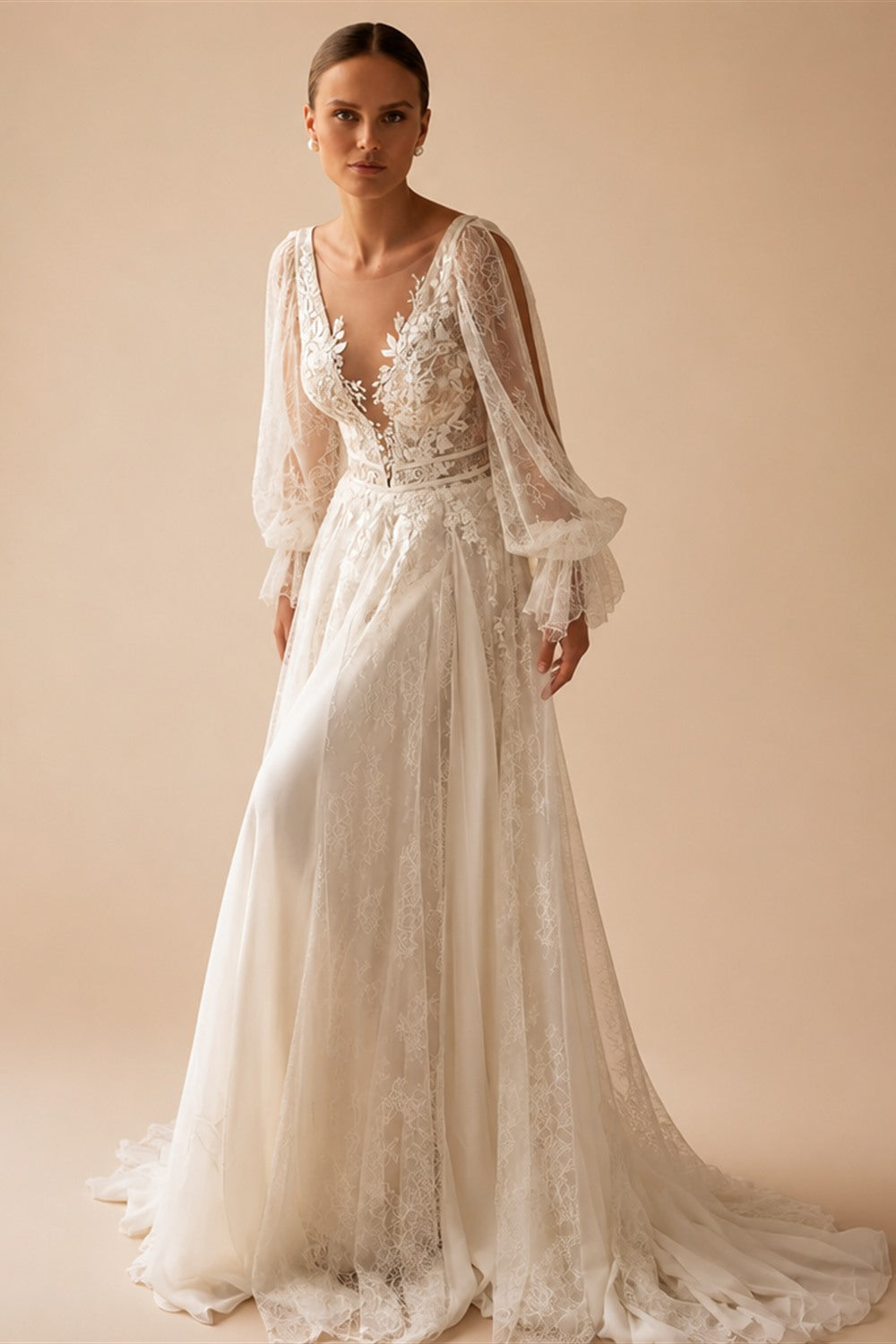 HERBURN Charming A-line Wedding Dresses for Women Bride Lace Appliques Illusion Puff Sleeves Backless Robe De Mariee Customized