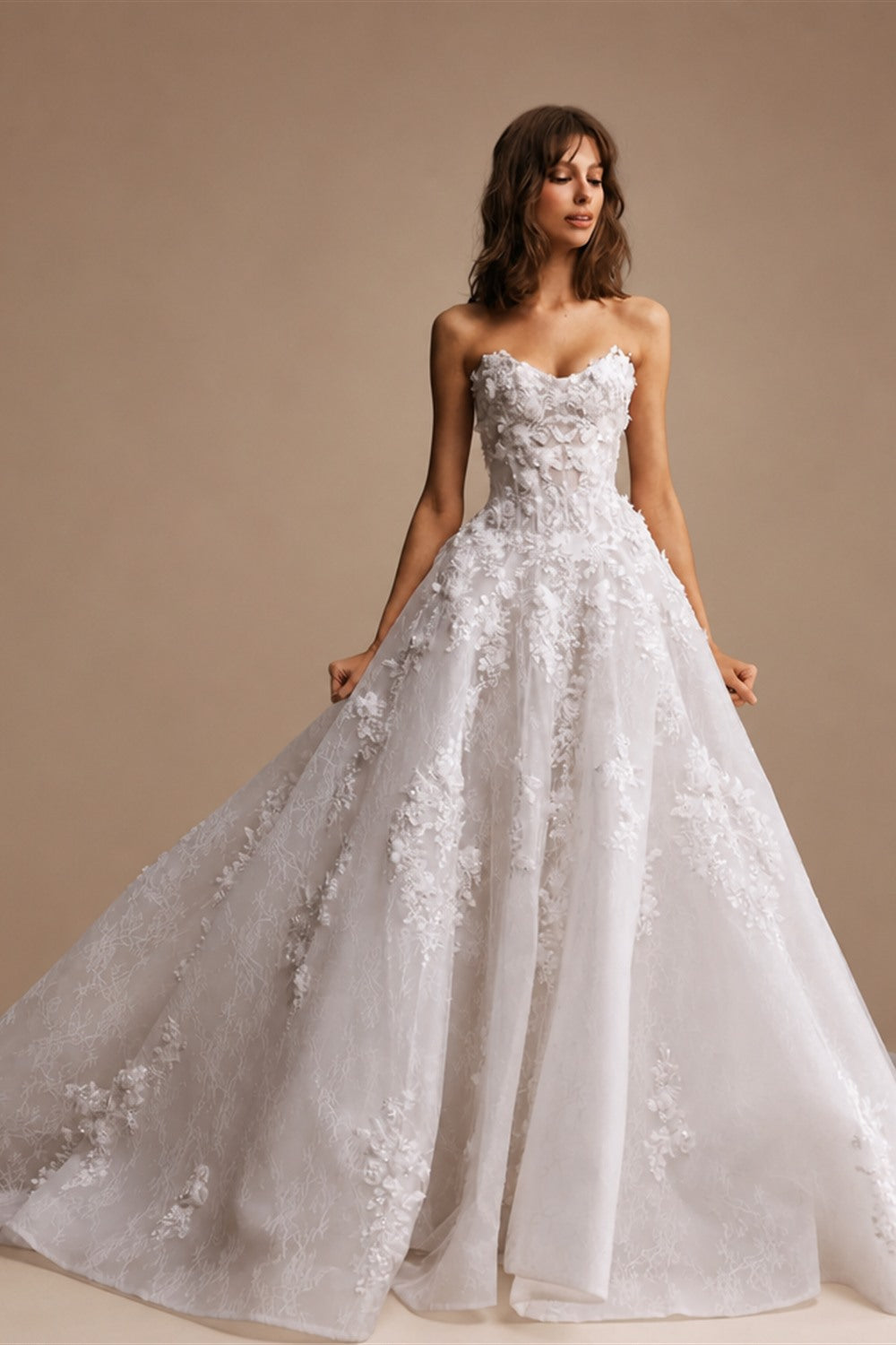Luxury White Strapless 3D Floral Embroidery Train Wedding Dress ZP150