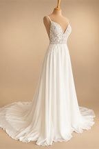 Illusion Lace A Line Chiffon Beach Wedding Dress With Open Back