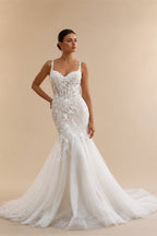 Customized Sweetheart Lace Appliques Sleeveless Mermaid Evening Gowns Backless Zipper Wedding Dress vestidos de novia