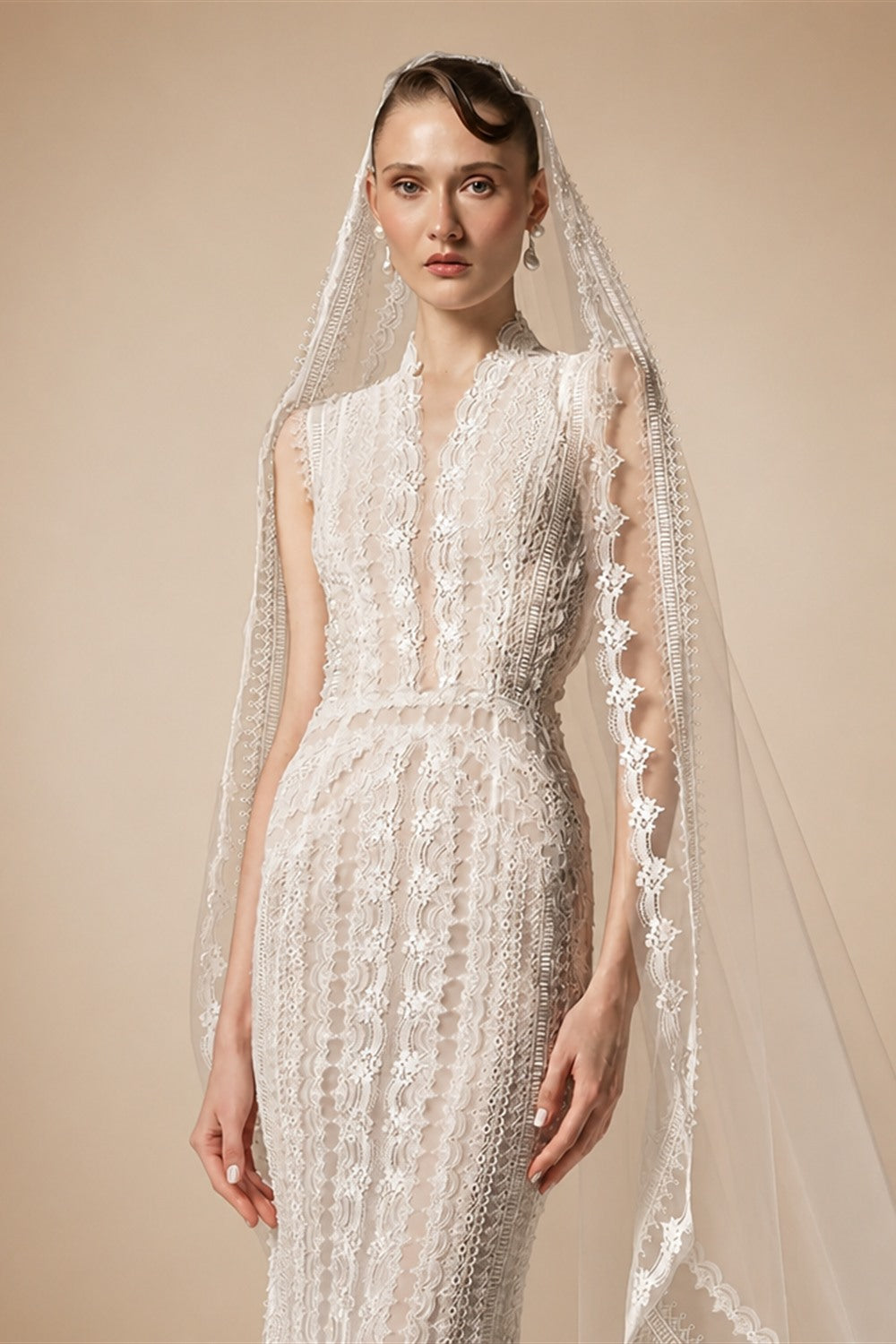 Elegant Ivory High Neck Sheer Lace Long Sleeves Mermaid Wedding Dress with Veil ZP085