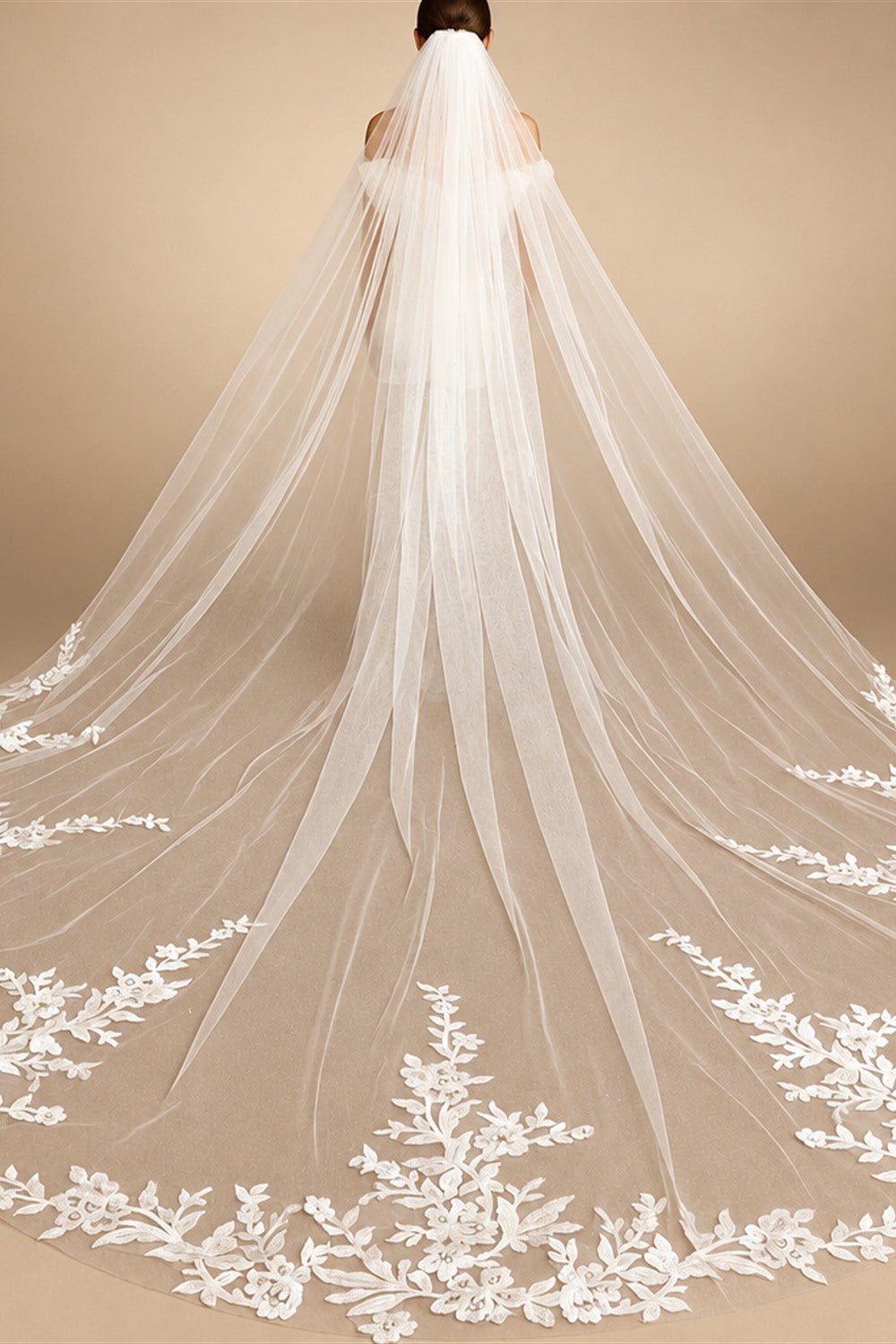 Real Photos Long Lace Appliques Wedding Veil White Ivory Cathedral 1 Layer Bridal Veil 3Meters Bride Veil