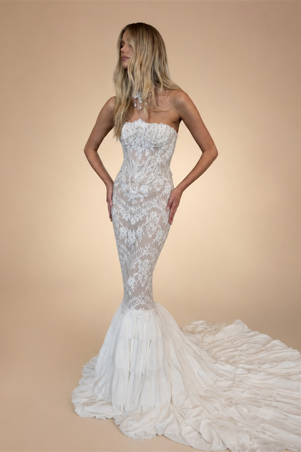 Elegant White Strapless Sheer Lace Mermaid Wedding Dress with Neckwear ZP089