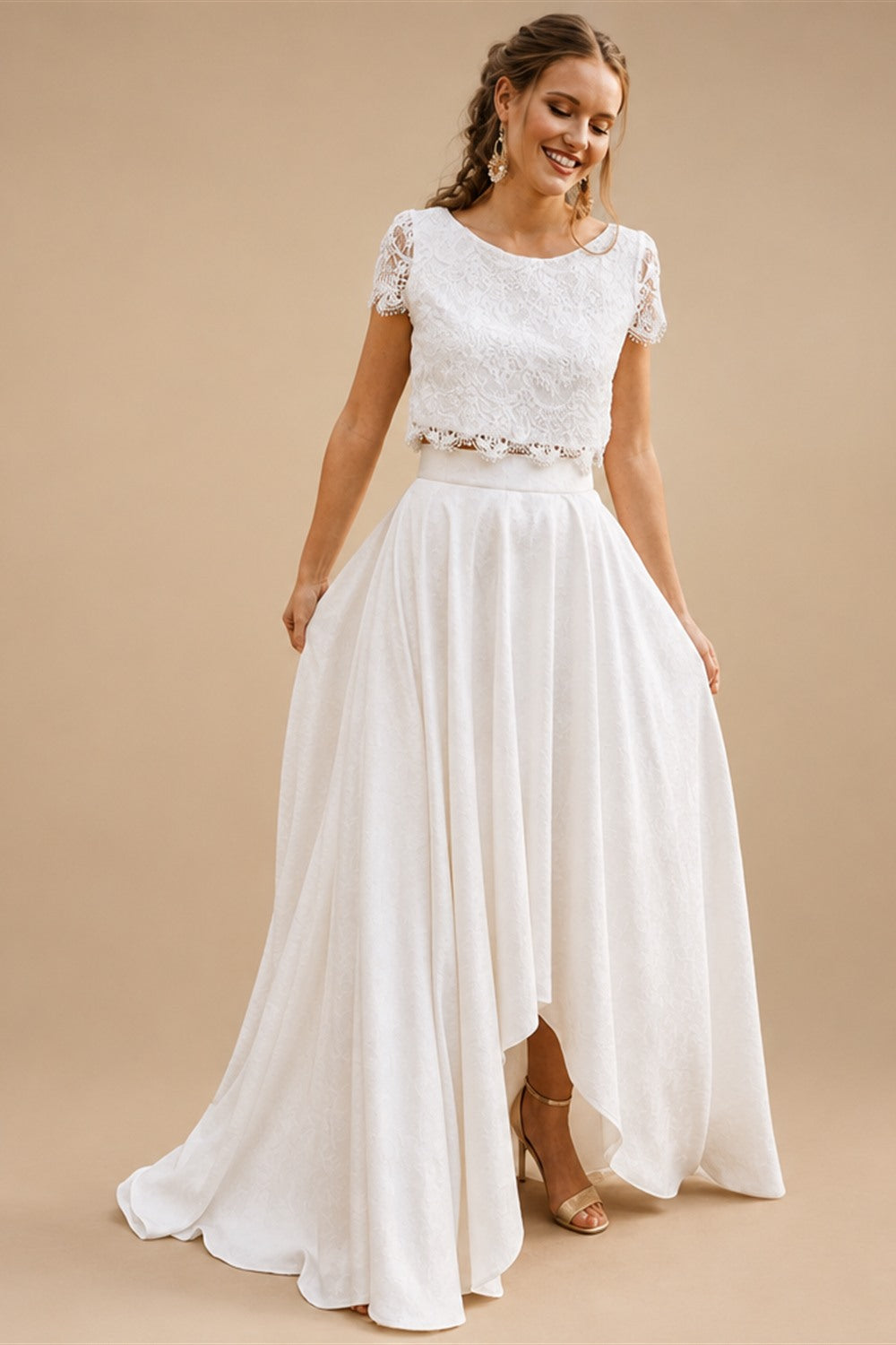 Wedding Dresses Lace A Line Two Piece Chiffon Half Sleeve High Low
