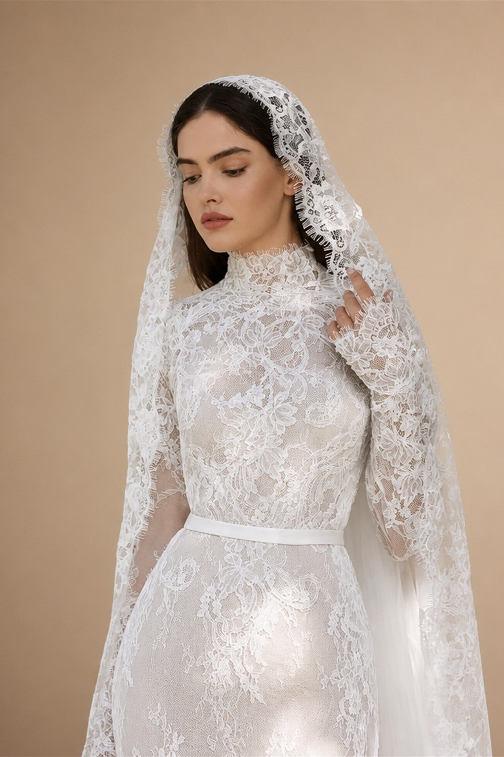 Semor Exquisite Lace High Neck Full Sleeve Wedding Dress Customized 2026 Trumpet Lace Applique Long Robe De Mariée Sweep Train