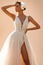 Romantic Deep V Neck Custom Bridal Gown With Floral Lace Sweep Train