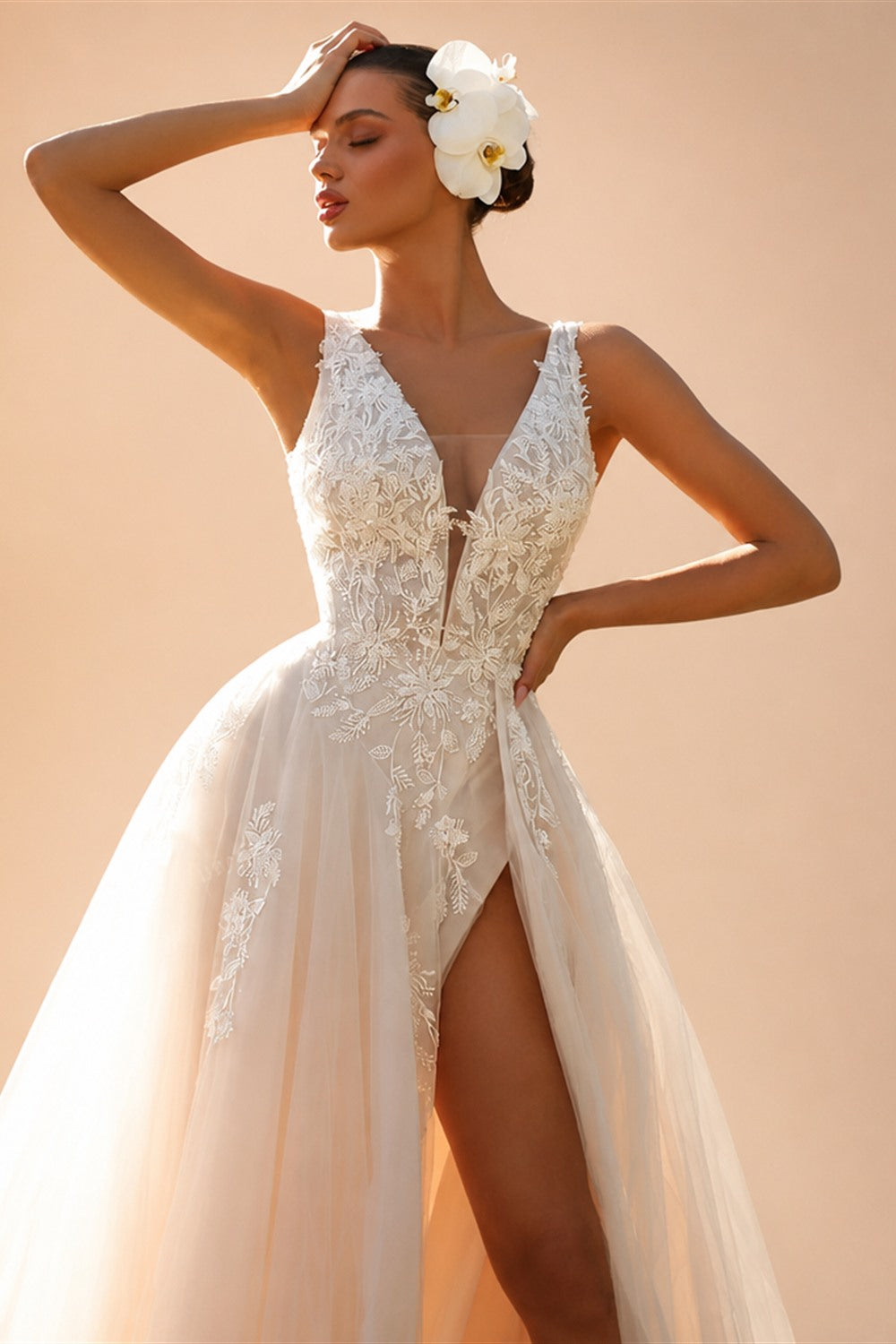 Romantic Deep V Neck Custom Bridal Gown With Floral Lace Sweep Train