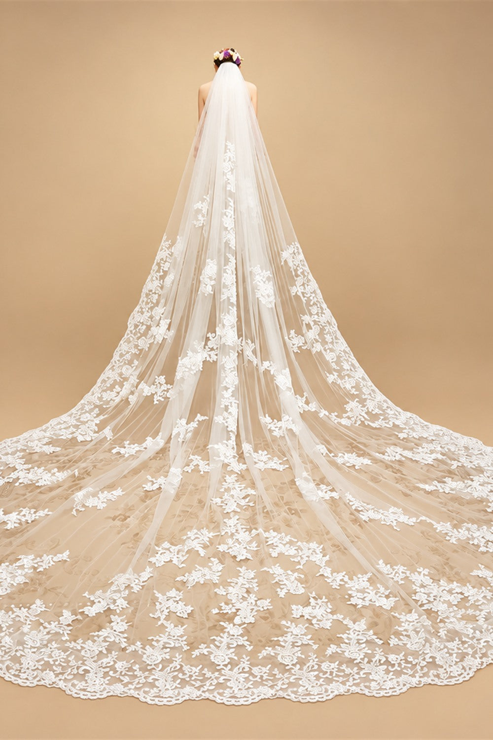 Cathedral Length Bridal Veil 1 Layer Wide Lace Veil with Metal Comb New Pattern for Wedding Real Photo