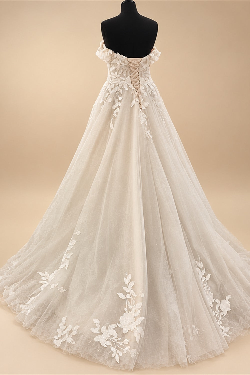 Custom Off Shoulder Wedding Gown With Lace Appliques And Cap Sleeve