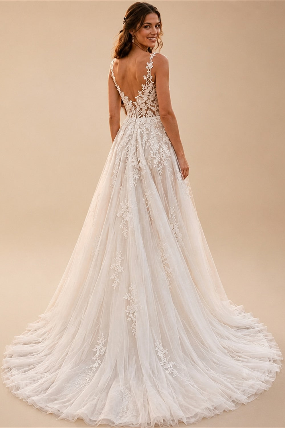 Deep V Lace Strap Boho Wedding Dress Floral Applique Bridal Gowns Glitter Tulle A Line Chapel Train Wedding Gowns Customized
