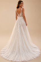 Deep V Lace Strap Boho Wedding Dress Floral Applique Bridal Gowns Glitter Tulle A Line Chapel Train Wedding Gowns Customized