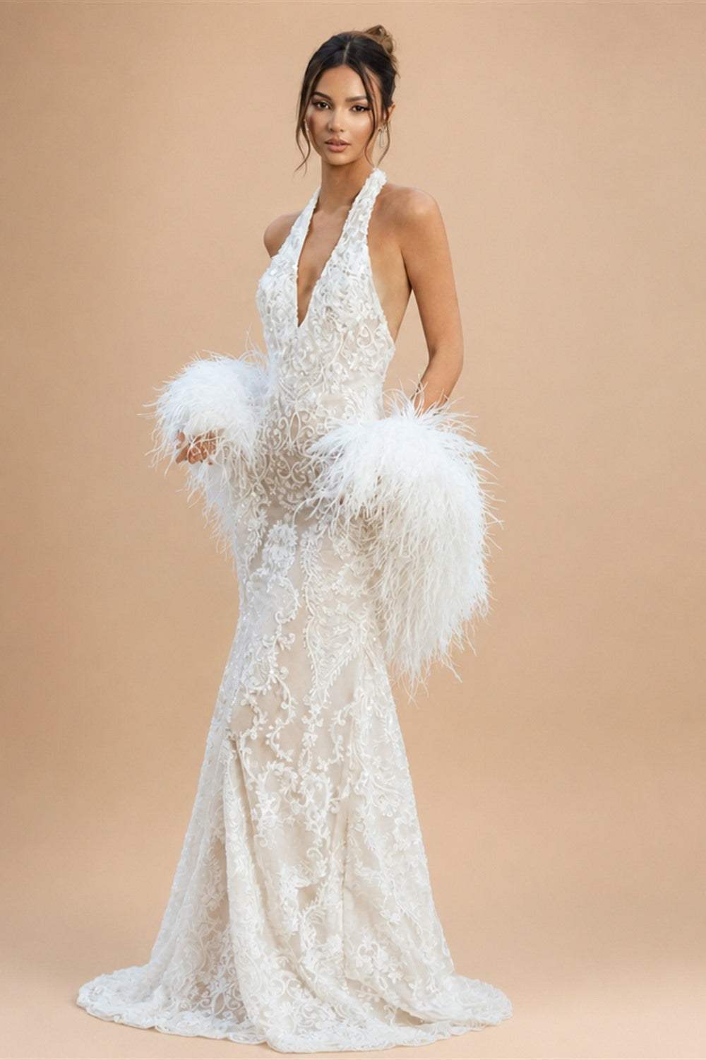 White Halter Backless Lace Mermaid Wedding Dress with Feather Shawl ZP003