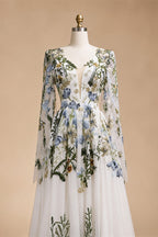 Luxury White Embroidery Long Sleeve Boho Train Wedding Dress ZP158