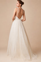 Sexy Spaghetti Straps Tulle Wedding Dress Vestido De Novia Sleeveless V-neck Backless Bride Dresses Robe De Mariage
