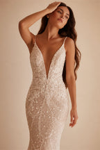Sparkly Embroidery Beaded Lace Wedding Dress Sexy Deep V-neck Spaghetti Straps Bridal Gown Customized Mermaid Dresses For Bride
