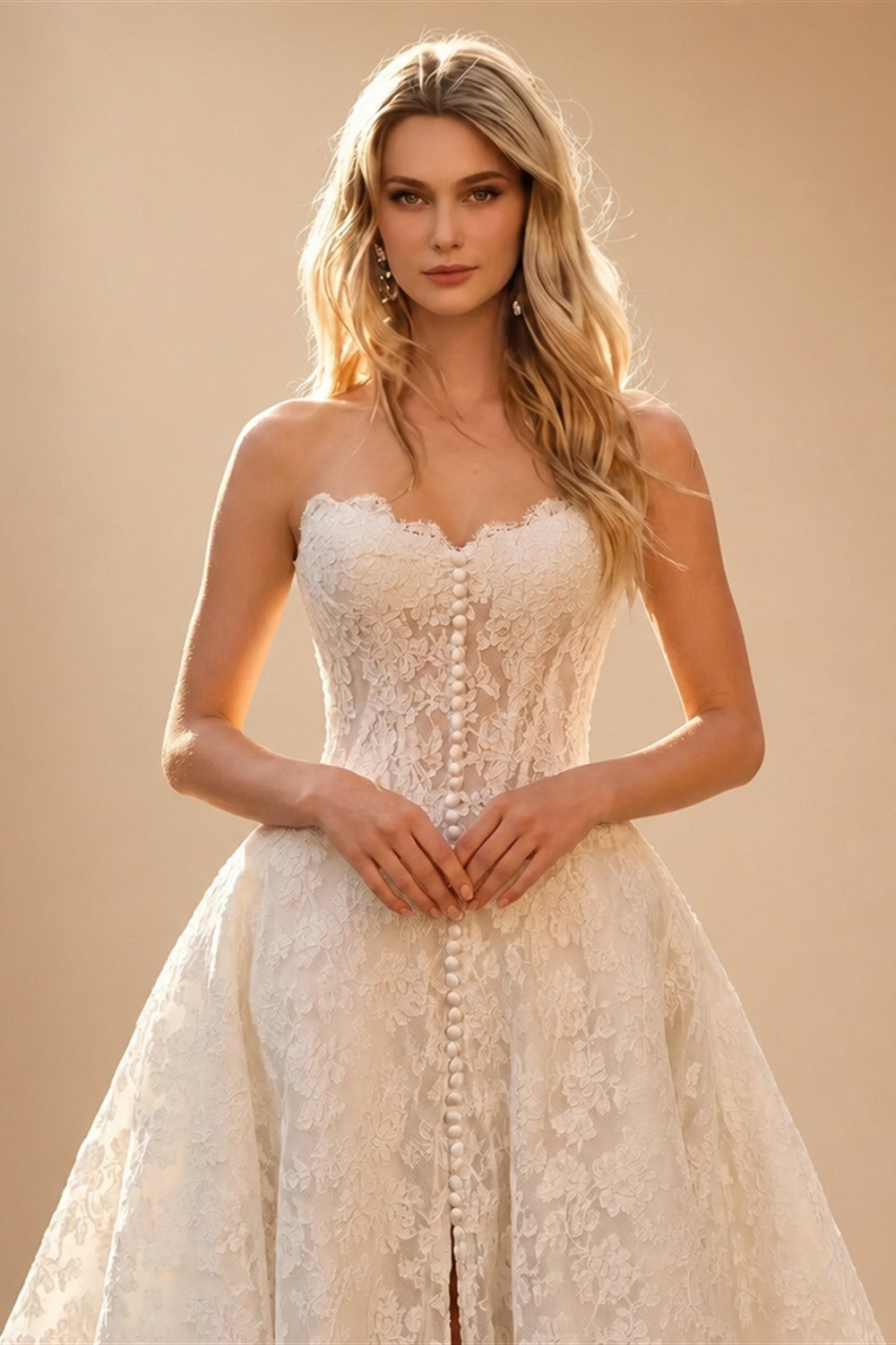 White Floral Lace Strapless Bridal Gown Sweetheart Neckline Front Button Ball Gown ZP011