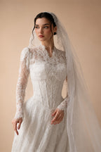 Romantic White Lace Long Sleeve A-Line Wedding Dress with Veil ZP109