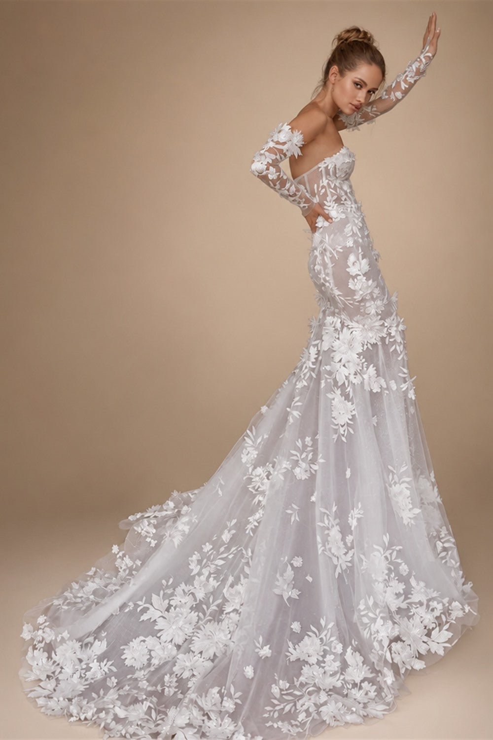 Loverxu Mermaid Sexy Wedding Dresses Strapless Long Sleeve Vestido De Novia Beading Appliques 3D Flowers Custom Made Bridal Gown