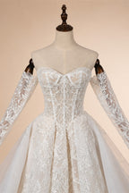 Elegant Ivory Strapless Corset Lace Tulle Bridal Gown Wedding Dress with Long Detachable Sleeves ZP067