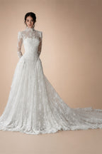 Classic Ivory Lace High Neck Long Sleeve A-Line Wedding Dress with Veil ZP107