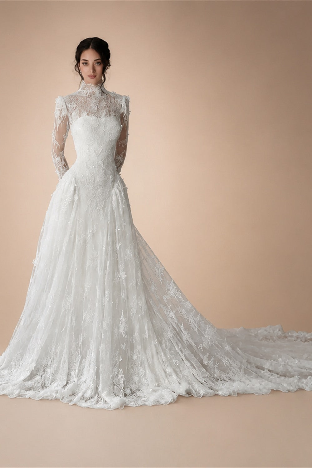 Classic Ivory Lace High Neck Long Sleeve A-Line Wedding Dress with Veil ZP107