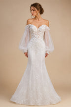 White  Off‑The‑Shoulder Puff Sleeve 3D Floral Mermaid Wedding Dress ZP005