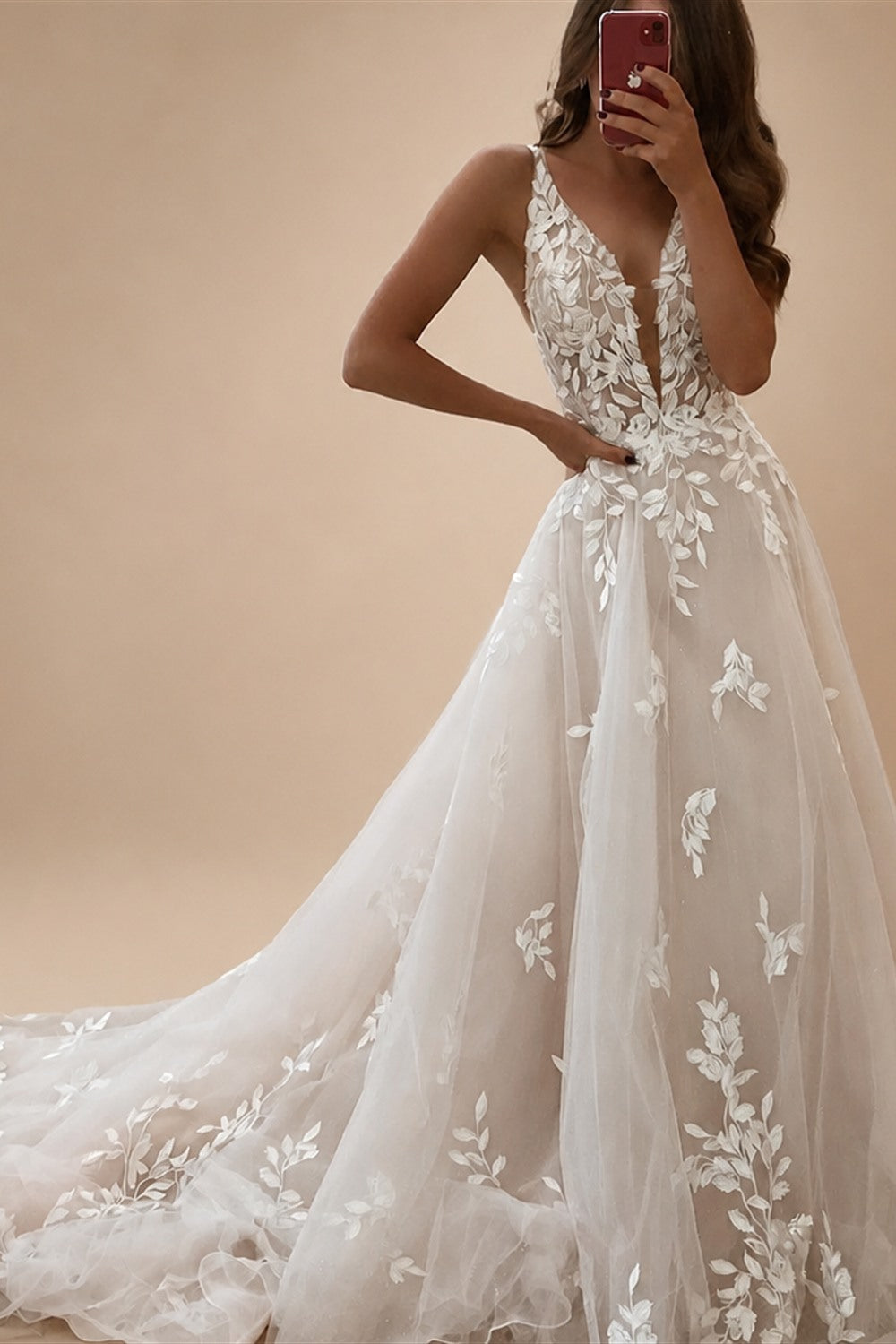 LORIE Boho Lace Elegant Wedding Dresses Low-Cut V-Neck Applique Bride Gowns Princess Spaghetti Strap Bridal Gown PartyCustomized