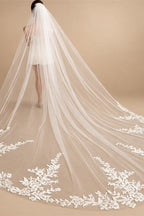 Real Photos Long Lace Appliques Wedding Veil White Ivory Cathedral 1 Layer Bridal Veil 3Meters Bride Veil
