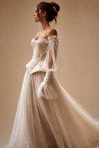 Luxury Ivory Off-the-Shoulder Lace Corset Tulle Train Wedding Dress ZP135