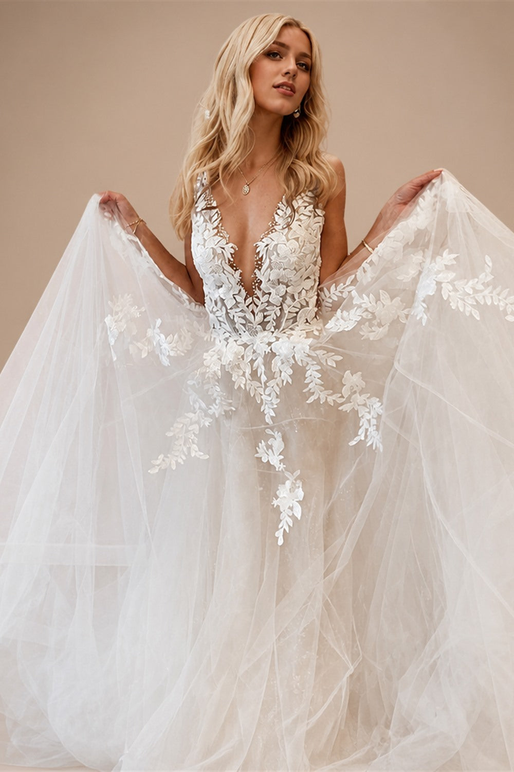 Custom A Line Backless Wedding Dress Featuring Beaded Lace Tulle