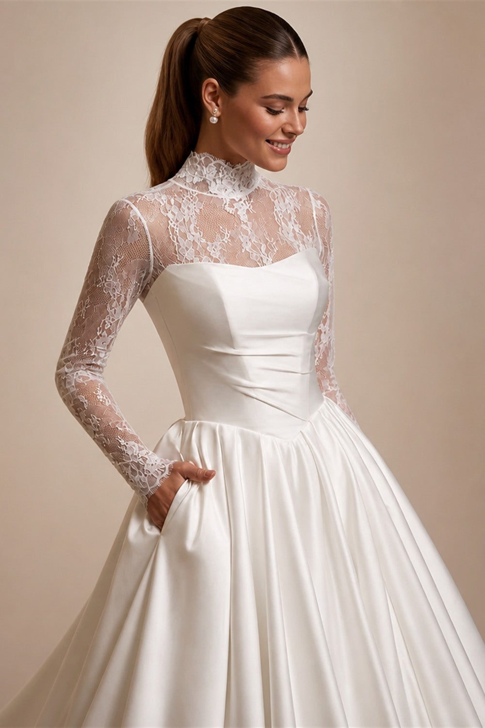 Customized Wedding Dress Vestido De Noiva Fashion High Neck Long Sleeves Top Lace Satin Bridal Gown Sweep TrainRobe Mariee