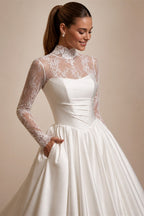 Customized Wedding Dress Vestido De Noiva Fashion High Neck Long Sleeves Top Lace Satin Bridal Gown Sweep TrainRobe Mariee