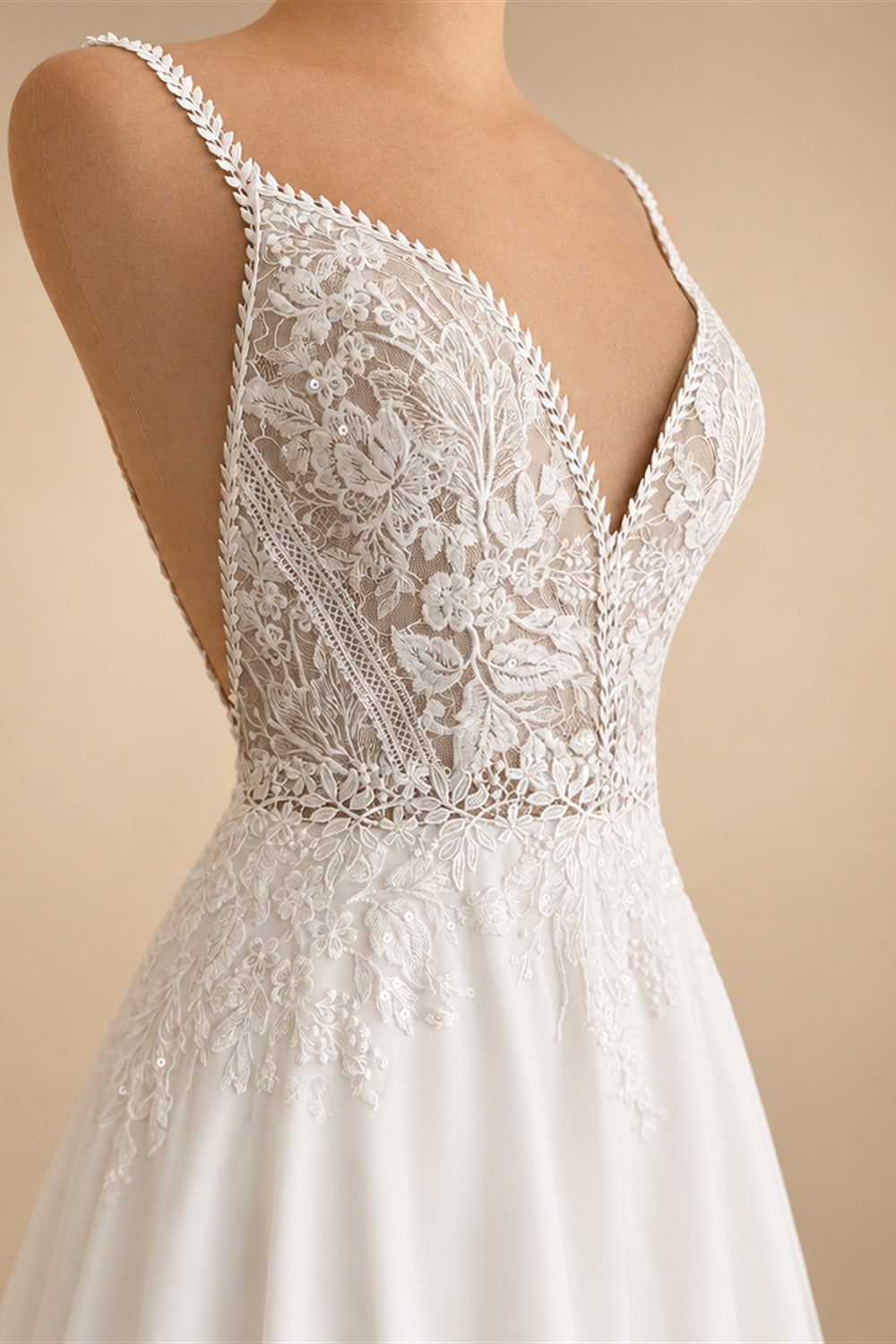 Illusion Lace A Line Chiffon Beach Wedding Dress With Open Back