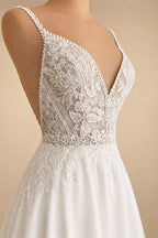 Illusion Lace A Line Chiffon Beach Wedding Dress With Open Back