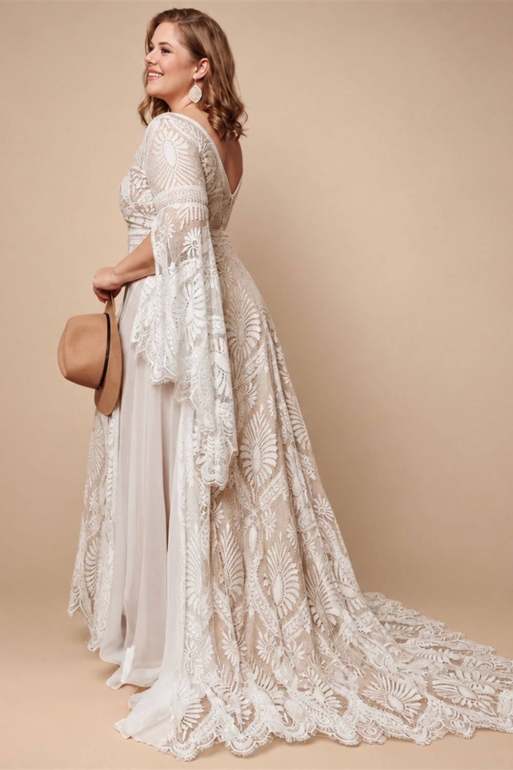 Bohemian Boho Wedding Dress Lace Chiffon Long Sleeve V Neck Plus Size Gown