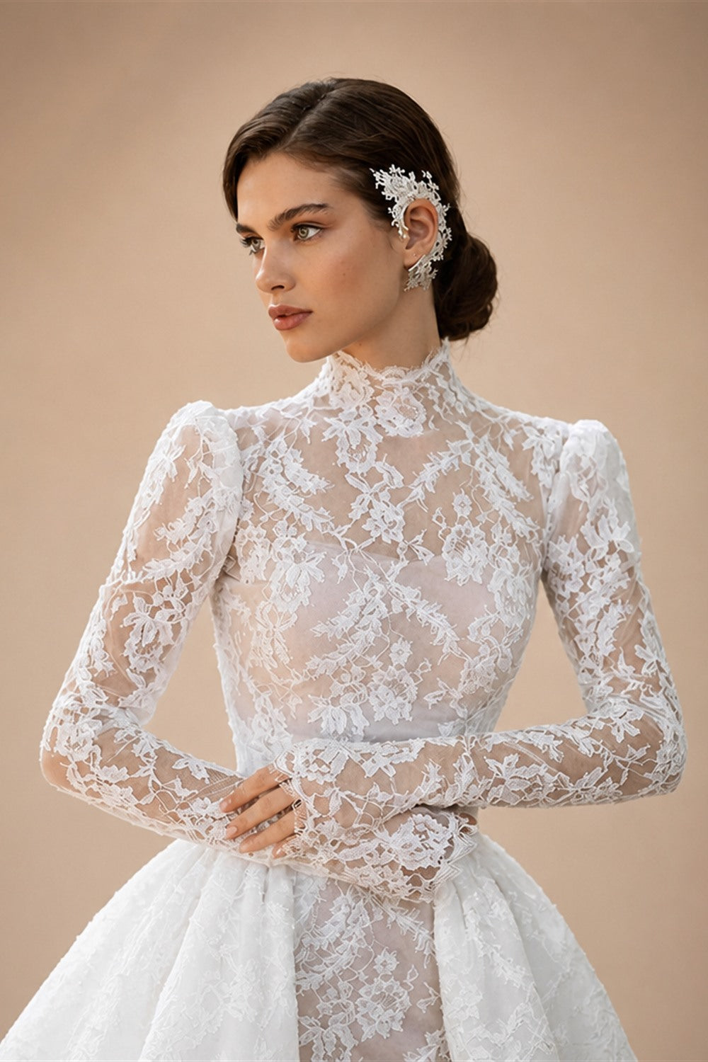 Mocaca Customized Luxury High Neck Lace Mermaid Wedding Dress Long Sleeve 2and1Detachable Train Bridal Gown Vestido De Novia