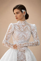 Mocaca Customized Luxury High Neck Lace Mermaid Wedding Dress Long Sleeve 2and1Detachable Train Bridal Gown Vestido De Novia