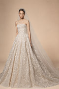 Regal Champagne Strapless Allover Lace Ball Gown Wedding Dress with Veil ZP081