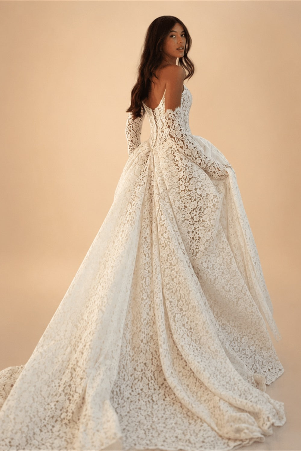 Fashion Full Lace Wedding Dress 3/4 Sleeve Strapless Gown with Front Split Custom Made Vestido De Noiva