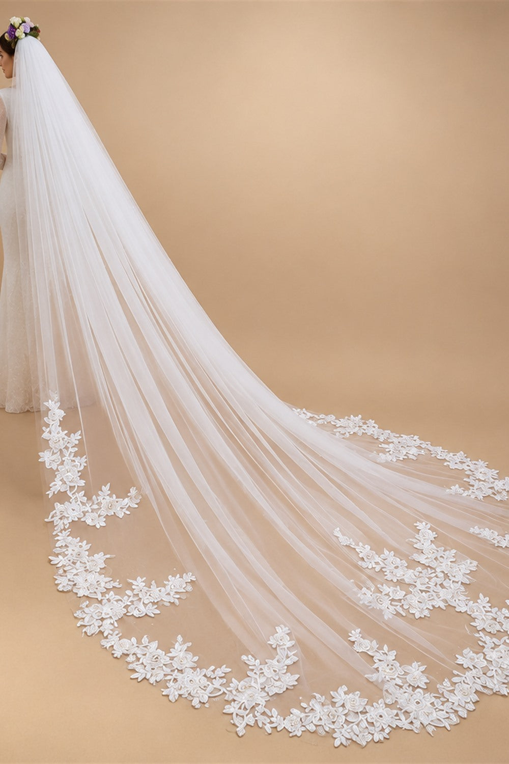 Real Photo 3m One Layer Bridal Veil with Comb White Lace Edge Ivory Appliqued Cathedral Wedding Veil for Brides
