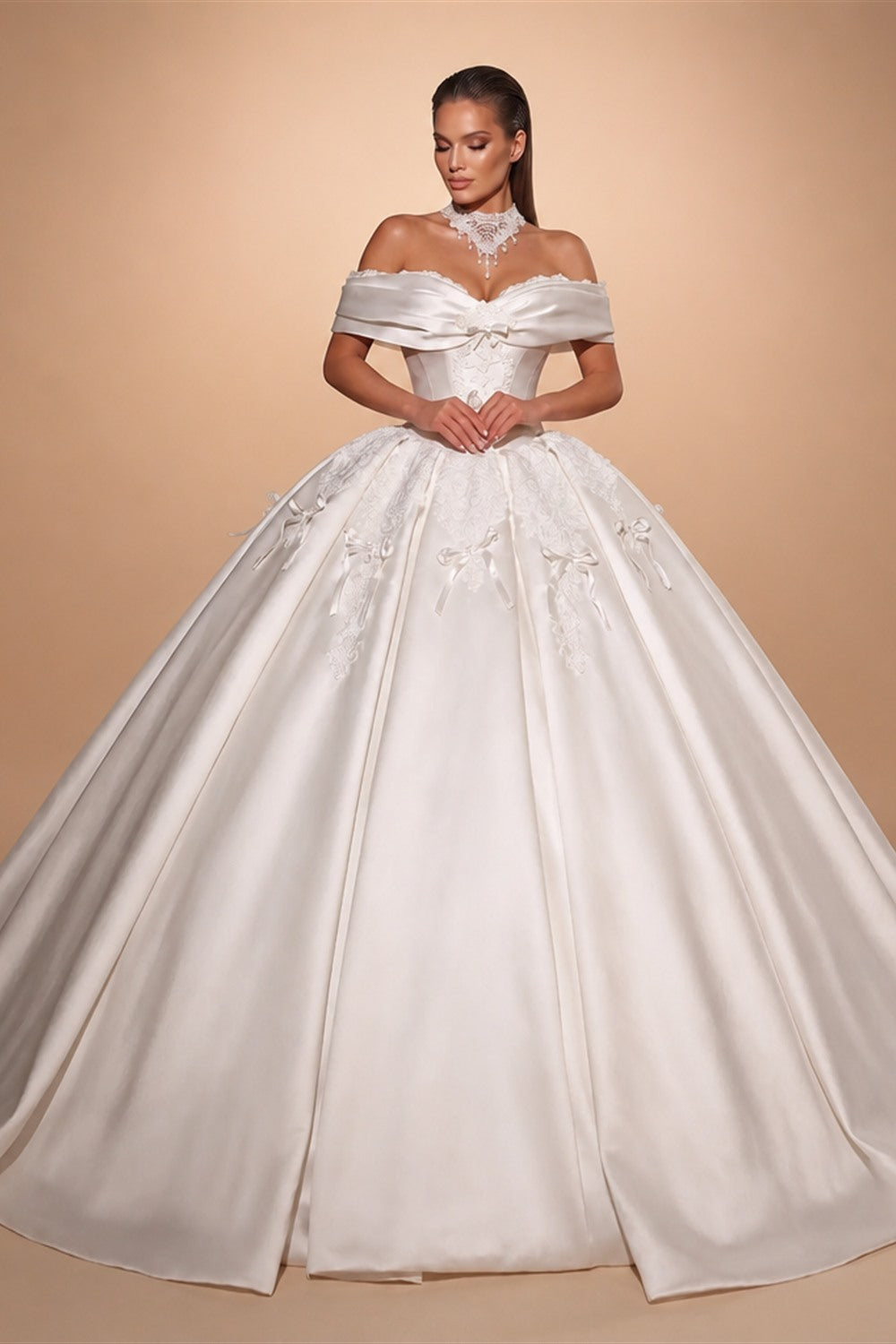 Off the Shoulder White Satin Ball Gown Flower Girl Dress with Long Cathedral Train ZP017