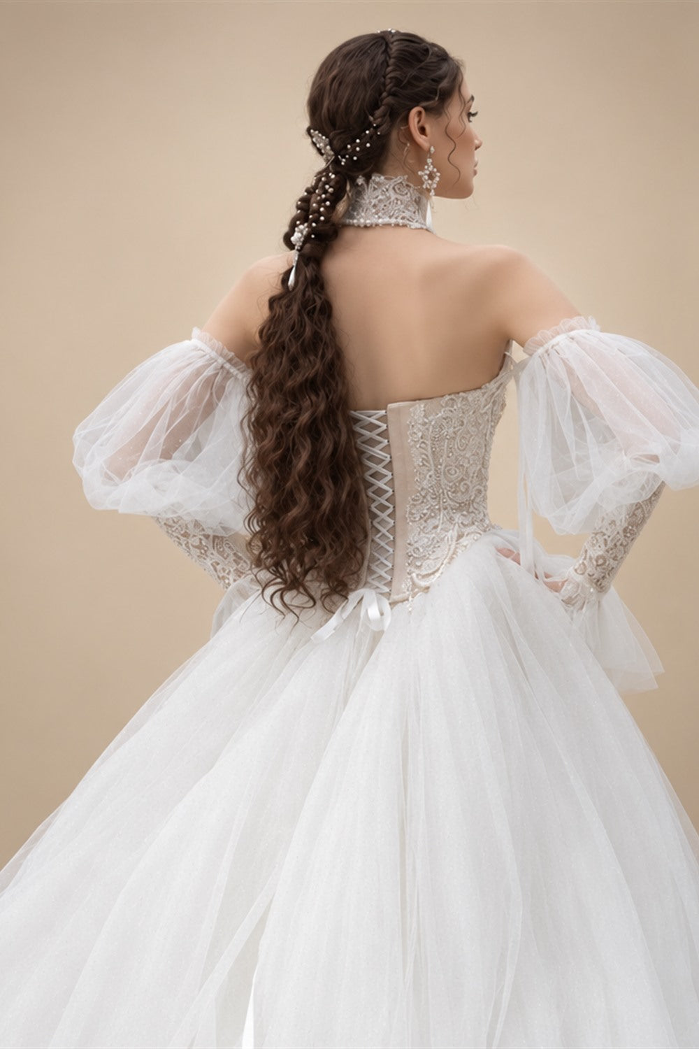 White Draped Pearl Tulle Ball Gown Bridal Dress with Puff Sleeves ZP205