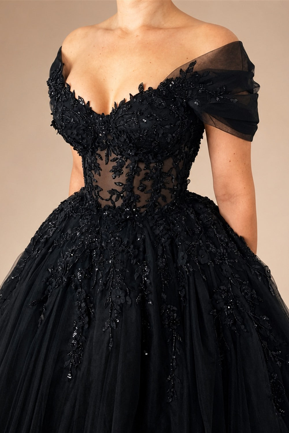 Black Luxury Gothic Wedding Dress  Sheer Corset 3D Floral Tulle  ZP027