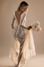 Mordern V- Neck Sequins Wedding Dresses Long Sleeves Floor Length Backless Bridal Gowns Robe De Marié