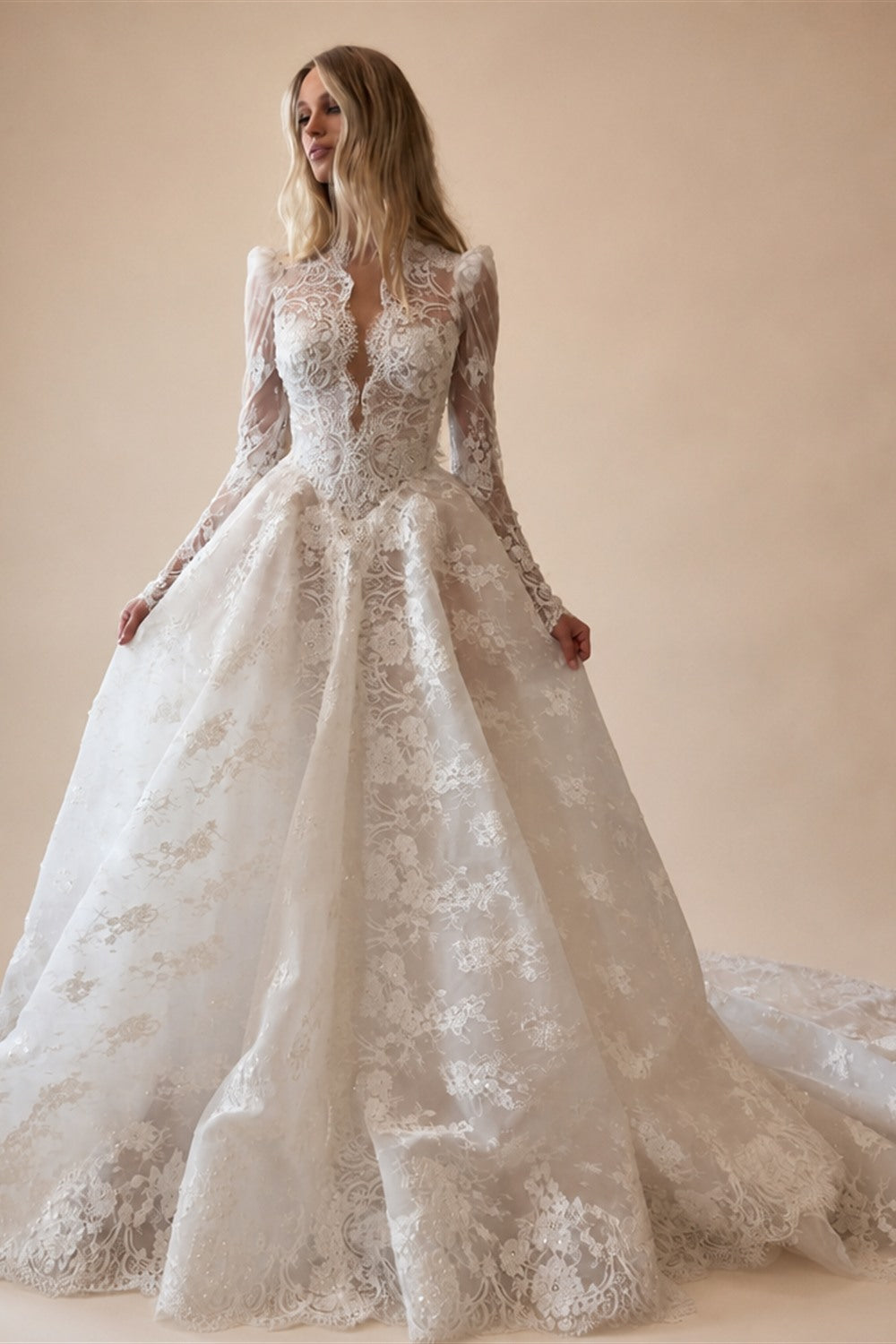 Luxury White High Neck Sequin Long Sleeve Lace A-Line Wedding Dress ZP094