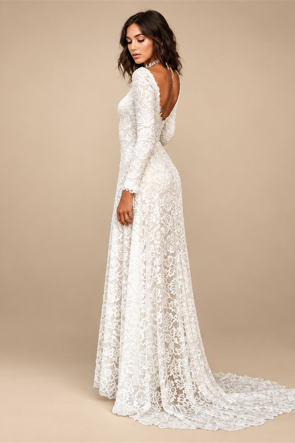 A-Line Evening Gown Open Back Dress Formal Wedding Party Dress Sweep / Brush Train Long Sleeve Jewel Neck Lace with Appliques