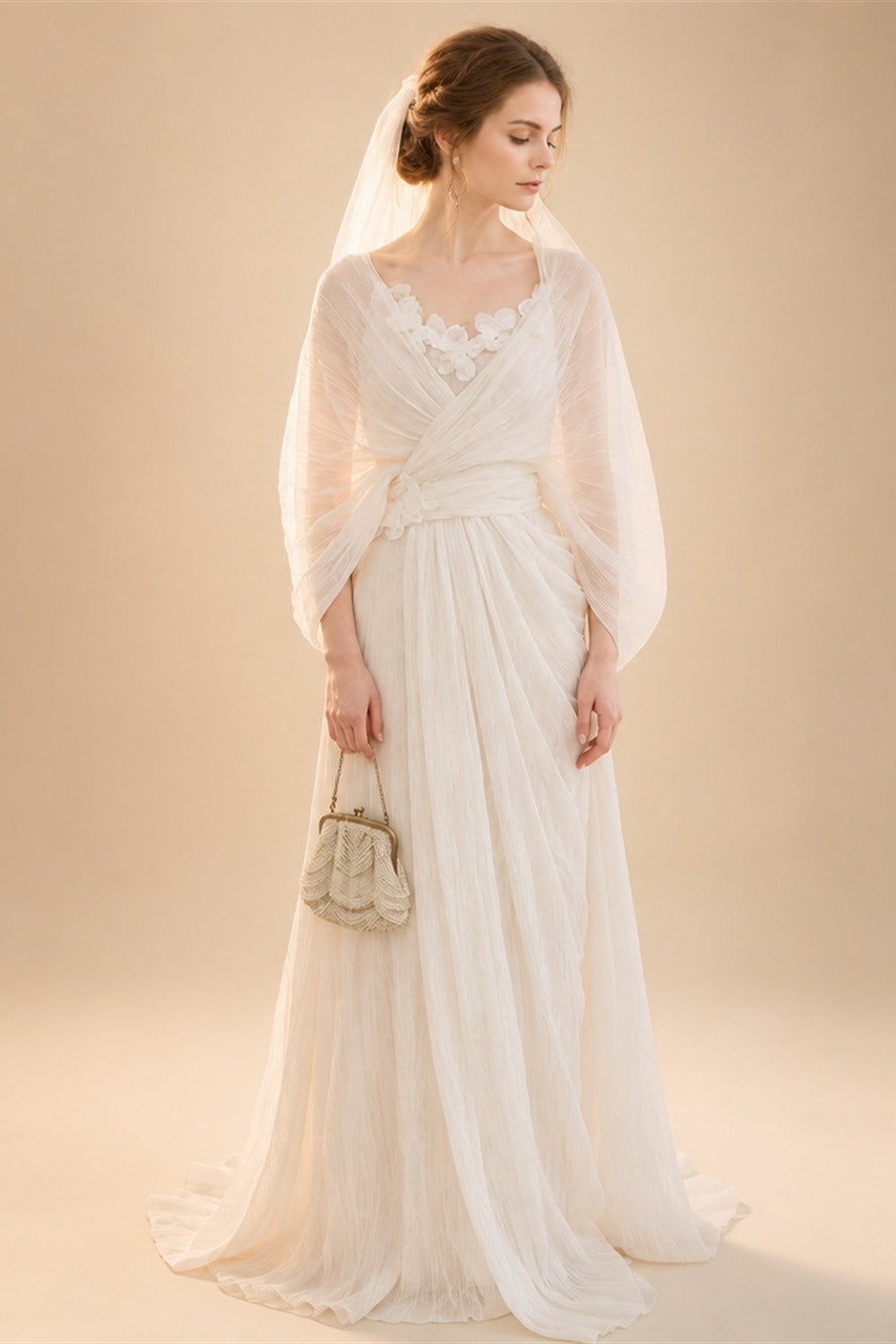 Grecian Boho Wedding Dress V‑Neck Batwing Sleeve Draped Ruched A‑Line Bridal Gown Sweep Train For Outdoor Garden Wedding