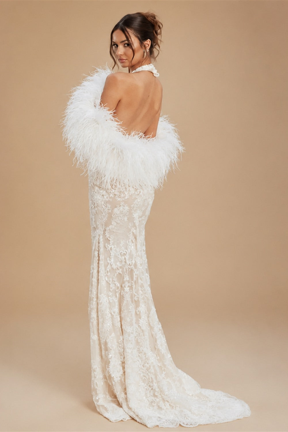 White Halter Backless Lace Mermaid Wedding Dress with Feather Shawl ZP003