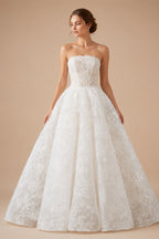 White Corset Strapless Lace Applique Tulle Bridal Ball Gown Wedding Dress ZP008